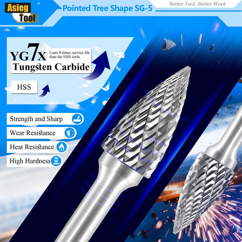 Asieg Tool SG-5 Tungsten Carbide Burr Rotary File Pointed Tree Shape Double Cut with 1/4''Shank for Die Grinder Drill Bit - Image 3